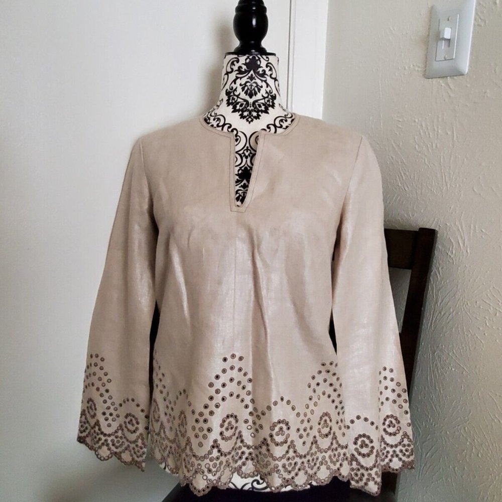 Talbots Long Sleeve Embroidered Tunic Blouse Top Women Silver Gold 2 EUC